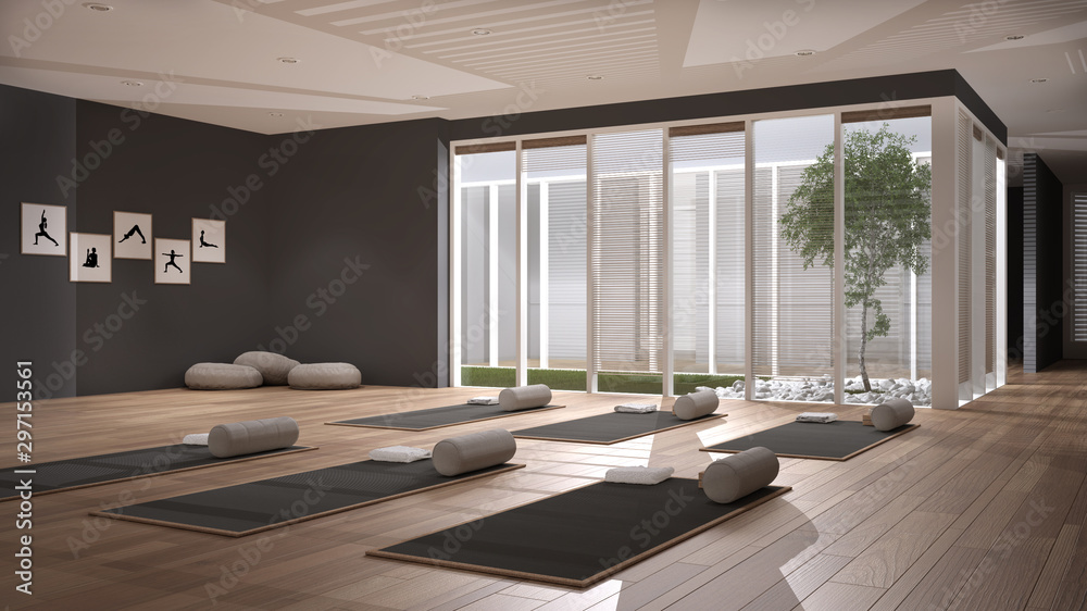 Empty Yoga Studio Interior Design, Open Space With Mats