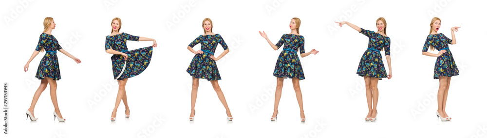Woman in dark blue floral dress isolated on white Woman in dark blue floral dress isolated on white