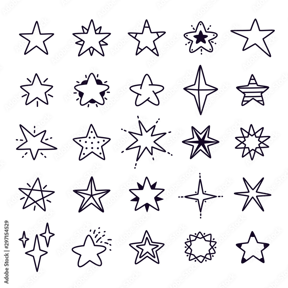 Doodle stars. Hand drawn line star isolated set, black stars vector modern illustration Doodle stars. Hand drawn line star isolated set, black stars vector modern illustration