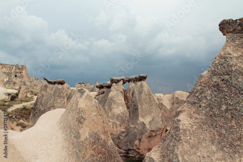 Rocky mountains in Cappadocia, Turkey. Amazing stormy sky