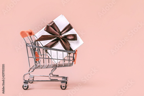Gift box with brown bow in miniature shopping cart on pastel coral background with copy space.