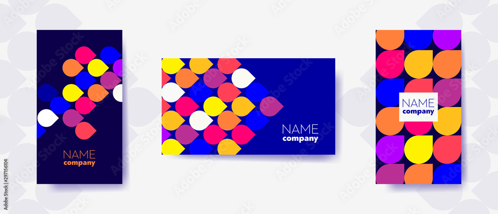 Set of three bright color abstract business cards with graphic elements and text. 