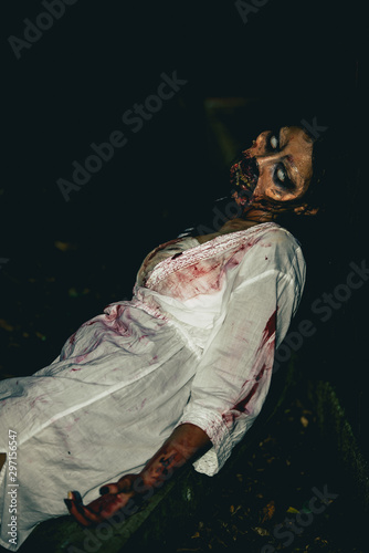 Fototapeta Naklejka Na Ścianę i Meble -  Portrait of asian woman make up ghost face,Horror scene,Scary background,Halloween poster