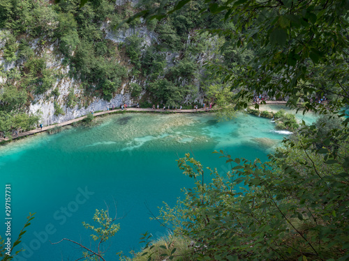 Croatia, august 2019: Plitvice lakes, famous world tourist heritage sight, waterfall and green nature