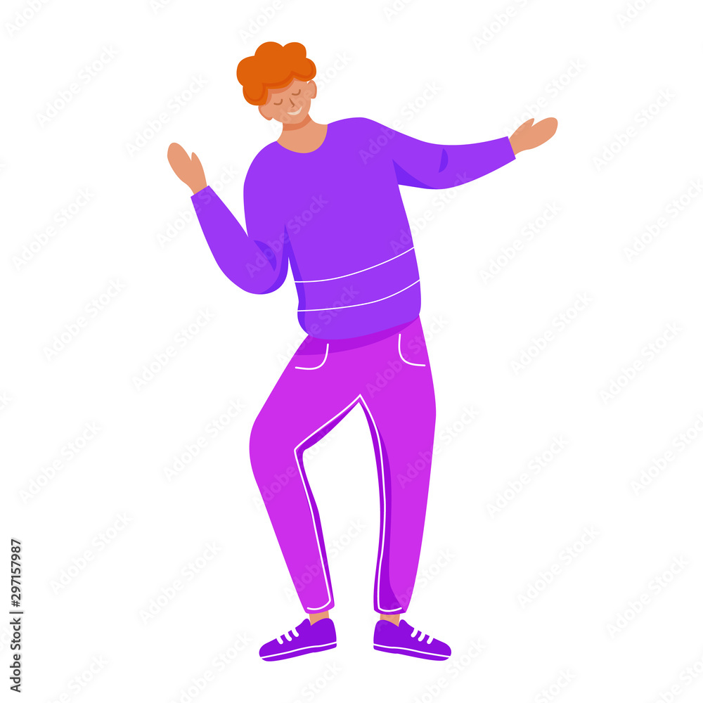 Dancing man flat vector illustration. Happy cheerful boy. Joyful smiling youngster. Full body caucasian guy in casual clothes isolated cartoon character on white background