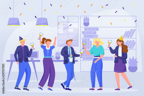 Office team celebrate birthday flat vector illustration. Company birth party on workplace. Festive bright entertainment. Corporate event. Colleagues dance, have wine, snacks cartoon characters