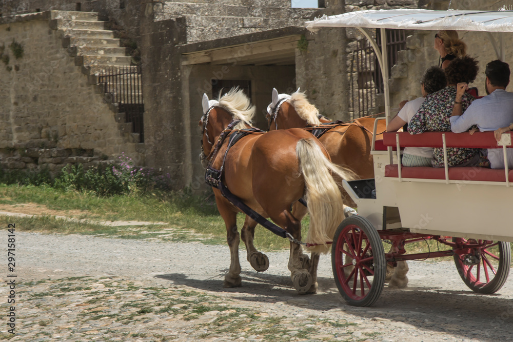Carcassonne, France June 25, 2019: Tourists ride on a horse-drawn vehicle around Carcasson, a fortificated castle, a UNESCO World Heritage Site Carcassonne, France June 25, 2019: Tourists ride on a horse-drawn vehicle around Carcasson, a fortificated castle, a UNESCO World Heritage Site
