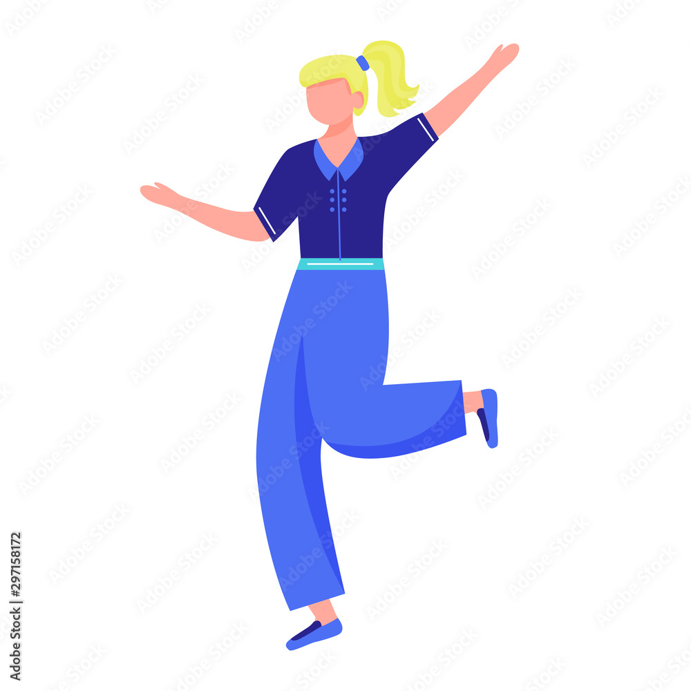 Happy girl flat vector illustration. Full body active caucasian school girl dancing on holiday celebration. Joyful dancing woman isolated cartoon character on white background Happy girl flat vector illustration. Full body active caucasian school girl dancing on holiday celebration. Joyful dancing woman isolated cartoon character on white background