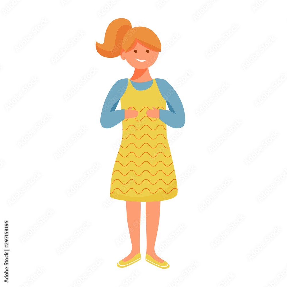 Happy girl flat vector illustration. Smiling female kid in yellow dress. Happy childhood. Joyful blonde caucasian child holds hands at chest isolated cartoon character on white background Happy girl flat vector illustration. Smiling female kid in yellow dress. Happy childhood. Joyful blonde caucasian child holds hands at chest isolated cartoon character on white background