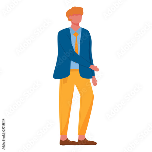Standing man flat vector illustration. Elegant office worker. Guy in business suit. Full body caucasian gesturing businessman in stylish clothes isolated cartoon character on white background