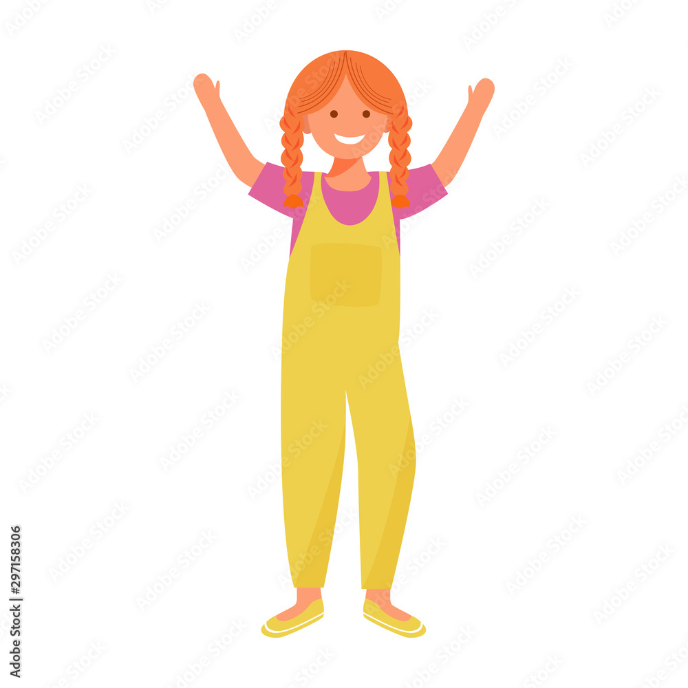 Happy girl flat vector illustration. Smiling standing female child. Cute little girl. Children entertainment. Joyful kid hold hands up in playful mood isolated cartoon character on white background Happy girl flat vector illustration. Smiling standing female child. Cute little girl. Children entertainment. Joyful kid hold hands up in playful mood isolated cartoon character on white background