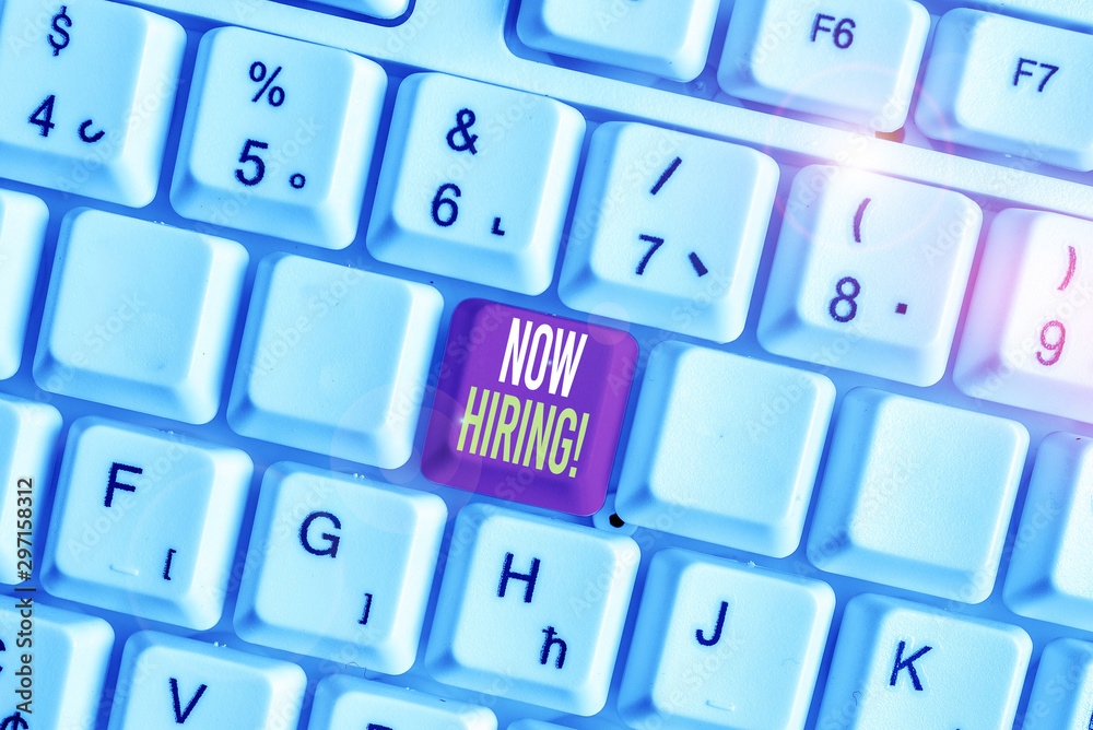 Word writing text Now Hiring. Business photo showcasing finding evaluating working relationship with future employees White pc keyboard with empty note paper above white background key copy space Word writing text Now Hiring. Business photo showcasing finding evaluating working relationship with future employees White pc keyboard with empty note paper above white background key copy space