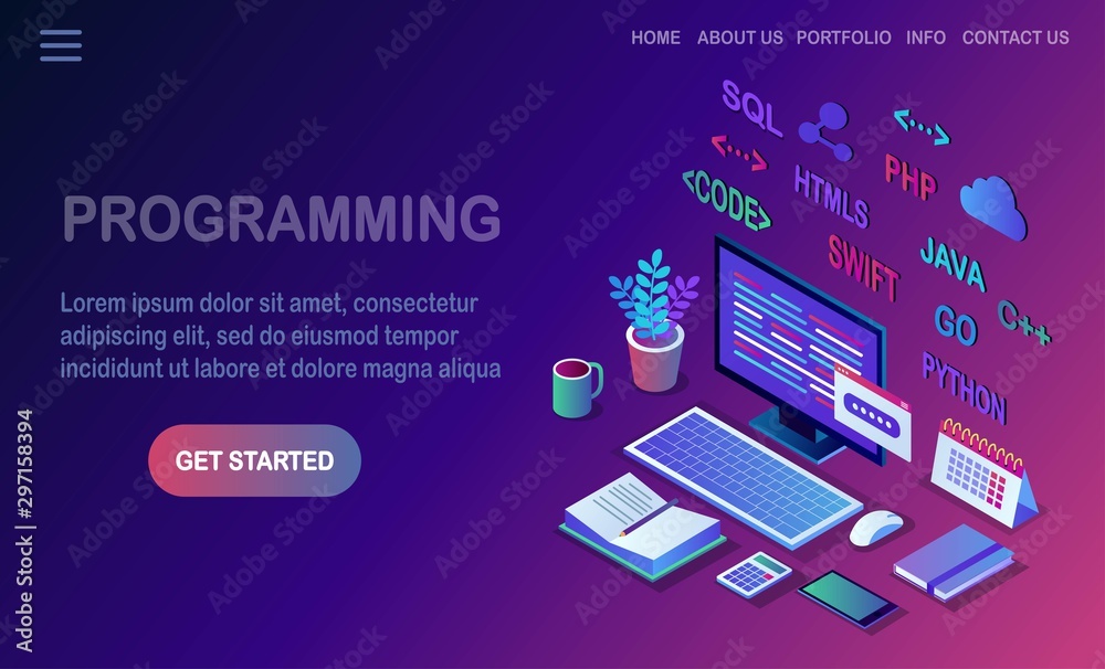 Software development, programming language, coding. 3d isometric pc, computer with digital application isolated on white background. Vector design Software development, programming language, coding. 3d isometric pc, computer with digital application isolated on white background. Vector design