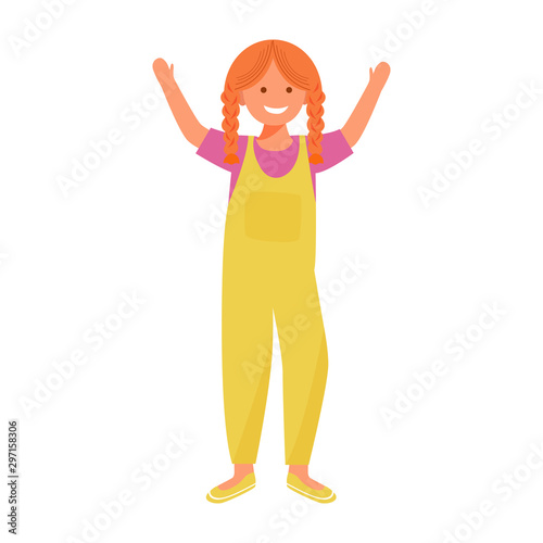 Happy girl flat vector illustration. Smiling standing female child. Cute little girl. Children entertainment. Joyful kid hold hands up in playful mood isolated cartoon character on white background