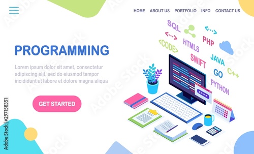 Software development, programming language, coding. 3d isometric laptop, computer with digital application isolated on white background. Vector design