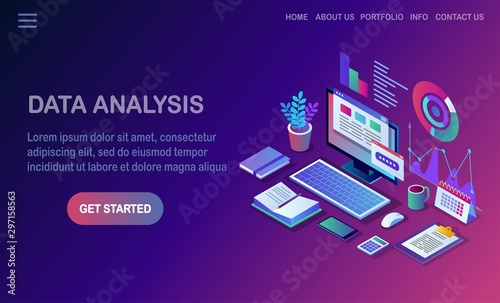 Data analysis. Digital financial reporting, seo, marketing. Business management, development. 3d isometric laptop, computer, pc with graph, chart, statistic. Vector design for website