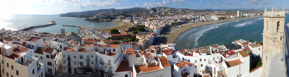Panoramic view of Peñiscola town. Costa del Azahar, Province of Castellón, Valencian Community, Spain