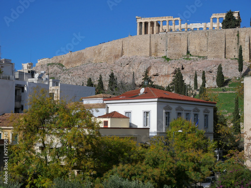 Parthenon ancient greek temple on acropolis of Athens under vibrant blue sky, view from the adiacent museum photo