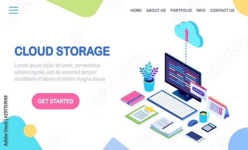 Cloud storage technology. Data backup. 3d isometric computer, pc with mobile phone isolated on background. Hosting service for website. Vector design for banner
