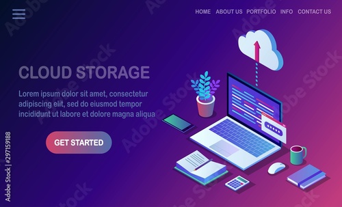 Cloud storage technology. Data backup. 3d isometric laptop, computer, pc with mobile phone isolated on background. Hosting service for website. Vector design for banner