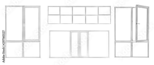 Different modern metal-plastic windows on white background