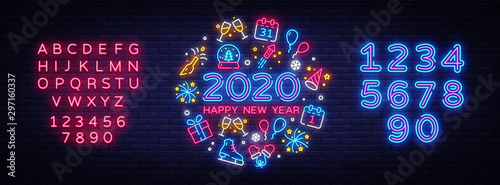 Happy New Year 2020 neon icons set vector. Merry Christmas collection neon signs. Bright sign boards, light banner. Modern trend design, night light signboard, emblems. Vector. Editing text neon sign