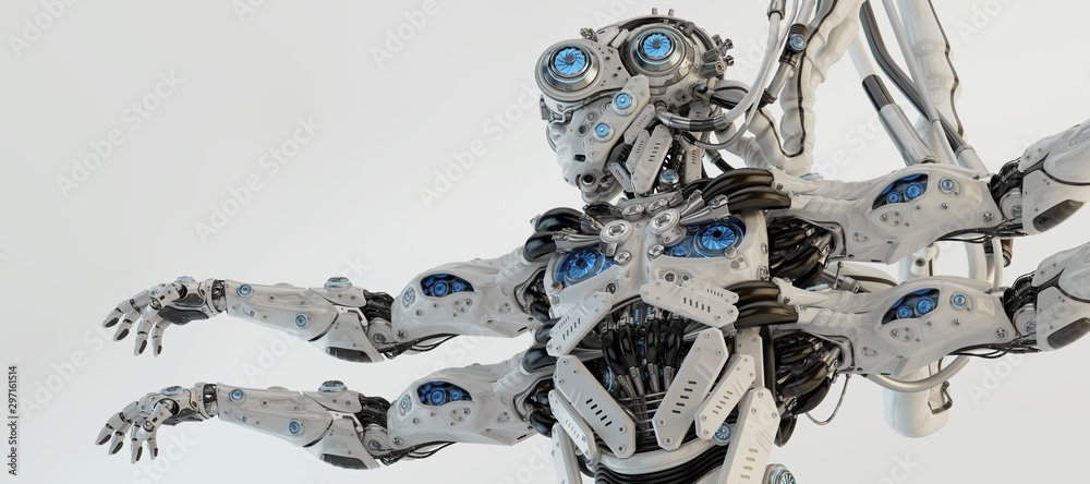 Robotic Shiva with four arms in profile, 3d rendering