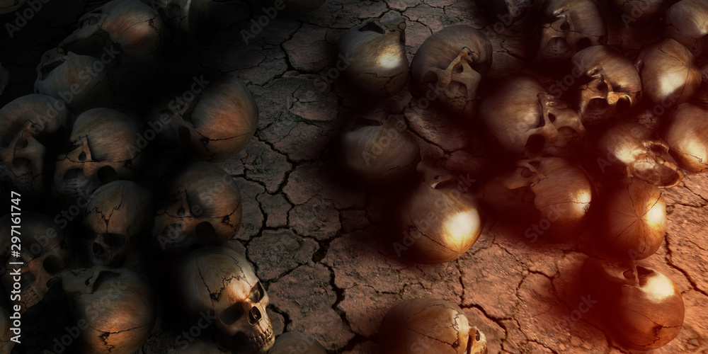 Skull human on cracked dry ground background 3D Rendering