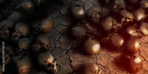 Skull human on cracked dry ground background 3D Rendering