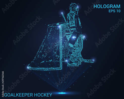 Hologram goalkeeper. Holographic projection hockey goalie. Flickering energy flux of particles. The scientific design of the sport.