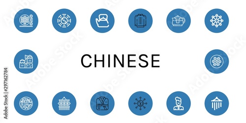 Set of chinese icons such as Sushi roll, Taoism, Teapot, Kimono, Buddhism, Thai food, Macrame, Yen, Wushu, Wind chimes, Great wall of china, Dumpling , chinese