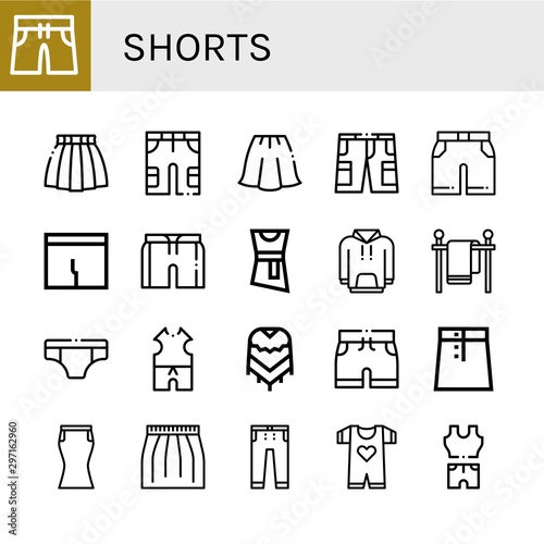 Set of shorts icons such as Swimming trunks, Skirt, Shorts, Underpants, Short, Blouse, Hoodie, Clothes line, Underwear, Clothes, Poncho, Jeans, Baby clothes , shorts