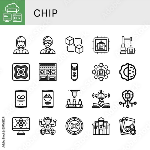 Set of chip icons such as Computer storage, Technician, Packet, Cpu, Robot, Cookies, Crisps, Artificial intelligence, Nachos, Automatic, Technology, Quantum, Roulette, Casino , chip
