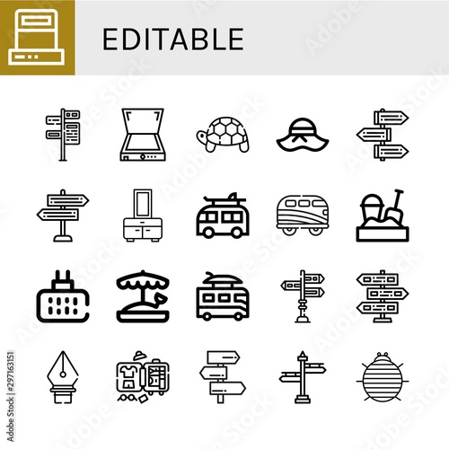 Set of editable icons such as Scanner, Signpost, Turtle, Pamela, Chest, Camper, Sandbox, Mosquito repellent, Pen tool, Luggage, Woodlouse , editable