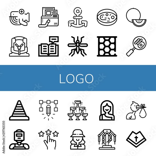 Set of logo icons such as Whale, Car seat, Virus, Reading, Anchor, Mosquito, Sample, Honeycomb, Melon, Buffet, Cone, Welder, Design, Rating, Champagne, Golfer, Troglodyte , logo
