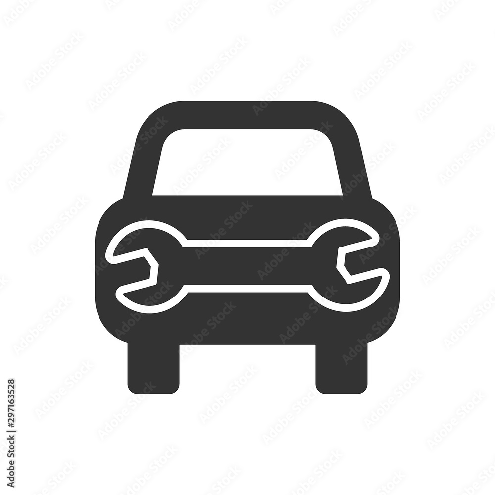 Car with wrench, car repair service icon. Car mechanic simple black glyph symbol.