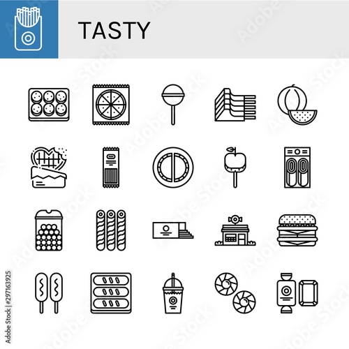 Set of tasty icons such as French fries, Cookie, Pizza, Lollipop, Mutton, Watermelon, Chocolate, Pasta, Cheburek, Caramelized apple, Pancake, Cheese balls, Wafer, Loaf , tasty