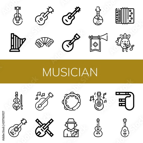 Set of musician icons such as Acoustic guitar, Harp, Guitar, Accordion, Domra, Trumpet, Singing, Violin, Tambourine, Musician, Bagpipes , musician
