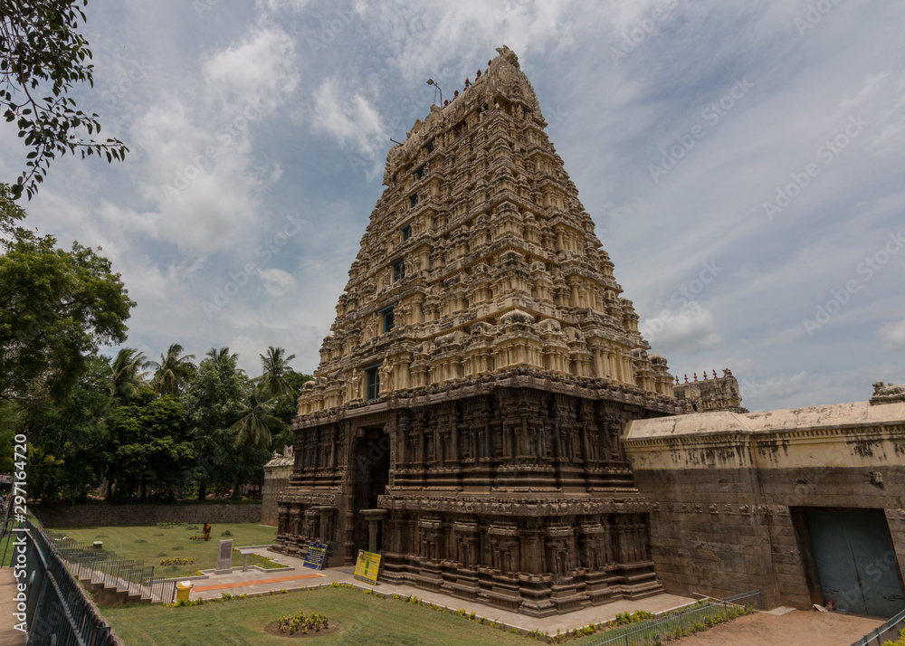 Hindu temple entrance at Vellore fort in Vellore Tamil Nadu, on a sunny day, India, September 2019