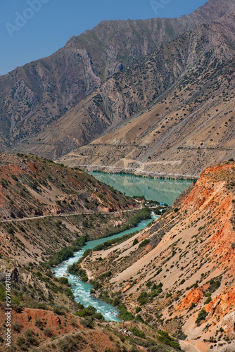 Tajikistan. The Pamir highway. Panorama of the mountain river Iskanderdarya flowing from lake Iskanderkul.