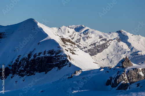 Snowy Alpine ski slopes Flaine  Haute Savoie  France