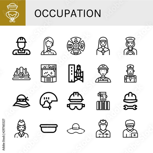 Set of occupation icons such as Hat, Worker, Entrepeneur, Role, Nun, Taxi driver, Hard hat, Helmet, Supervisor, Policeman, Watchmaker, Air hostess, Surgical tray , occupation