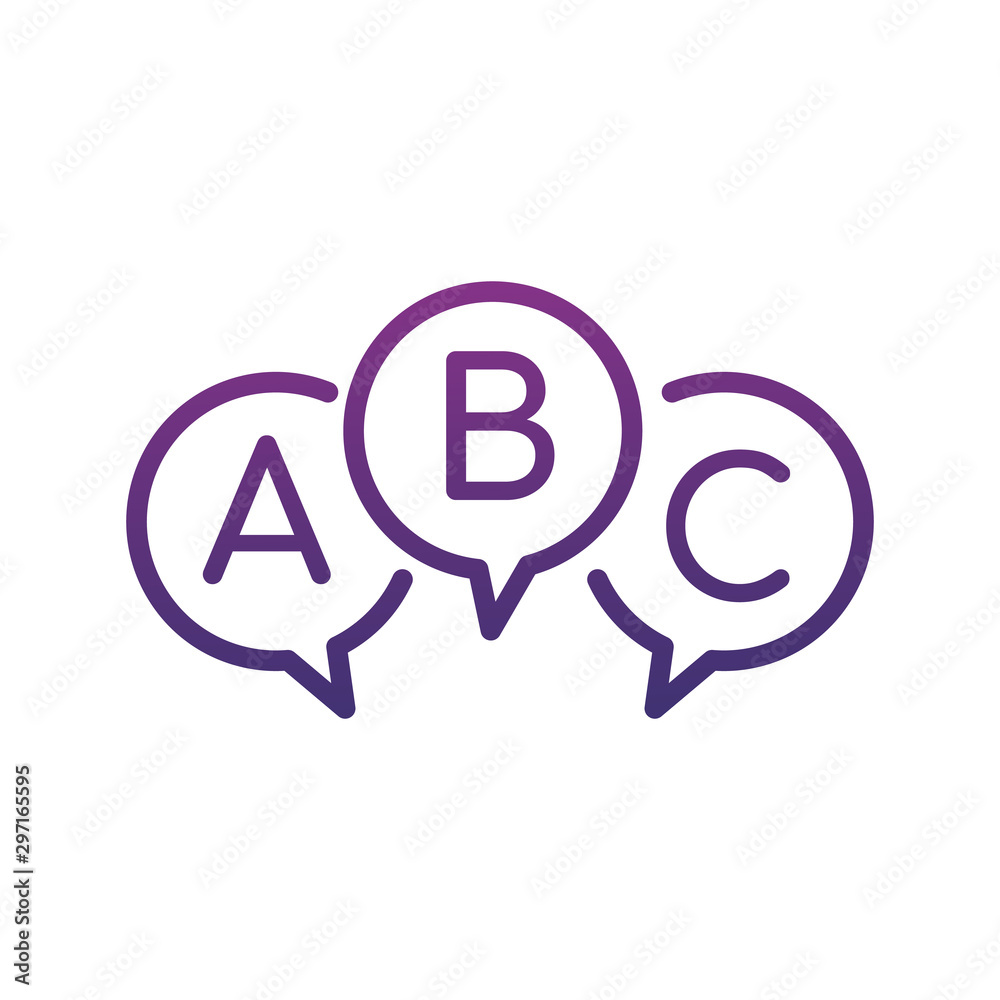 Three linear chat speech message bubbles with ABC letters. Questionnaire, faq or test Concept icon. Stock vector illustration isolated on white background. Three linear chat speech message bubbles with ABC letters. Questionnaire, faq or test Concept icon. Stock vector illustration isolated on white background.