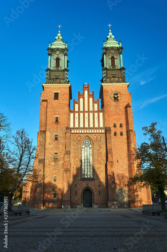 the towers of medieval Gothic cathedral in Poznan.