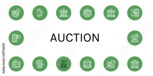Set of auction icons such as Online banking, Raise hand, Bank, Auction , auction