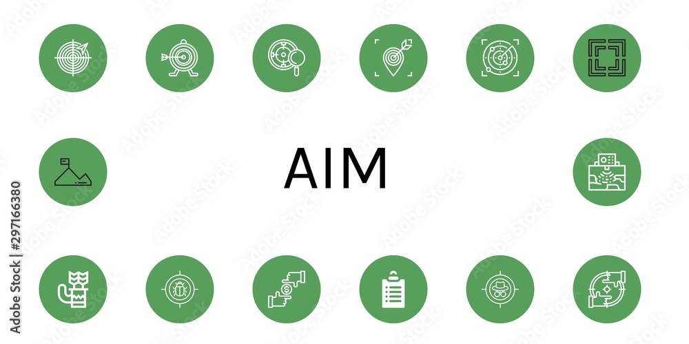 Set of aim icons such as Radar, Target, Focus, Quiver, Goals, Mission , aim Set of aim icons such as Radar, Target, Focus, Quiver, Goals, Mission , aim