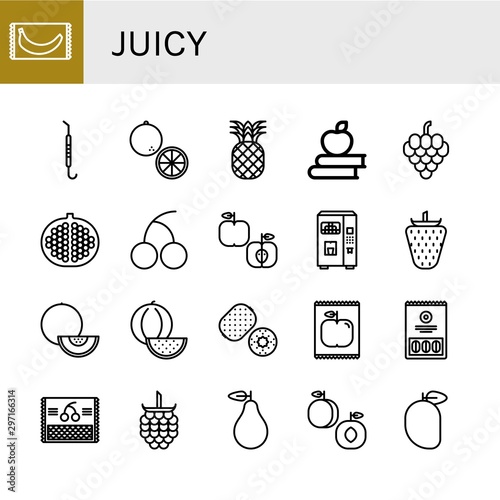 Set of juicy icons such as Banana, Pick, Orange, Pineapple, Apple, Grapes, Pomegranate, Cherry, Juice, Strawberry, Melon, Watermelon, Kiwi, Raspberries, Pear, Peach, Mango , juicy