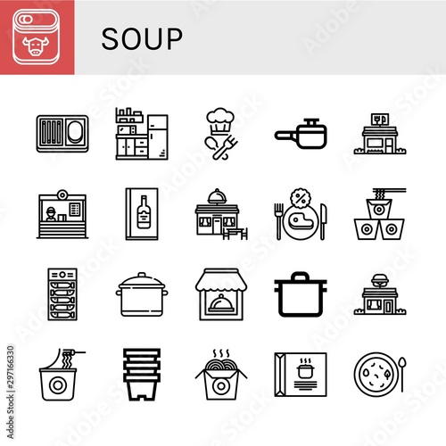 Set of soup icons such as Canned food, Meal, Kitchen, Cook, Cooking pot, Restaurant, Wine menu, Noodles, Dried fish, Pot, Instant noodles, Pots, Soup , soup