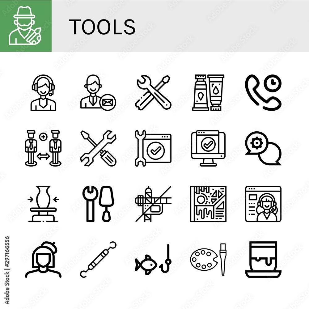 Set of tools icons such as Artist, Support, Support services, Tools, Paint tube, Technical Support, Service, Ceramic, Construction, Art, Painter, Dentist tools, Fishing , Set of tools icons such as Artist, Support, Support services, Tools, Paint tube, Technical Support, Service, Ceramic, Construction, Art, Painter, Dentist tools, Fishing ,