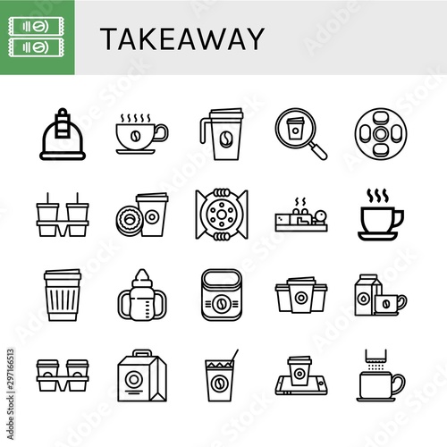 Set of takeaway icons such as Instant coffee, Cupping, Coffee cup, Cheesecake, Cup carrier, Paper cup, Break, Sippy Lunch box, Cold coffee , takeaway